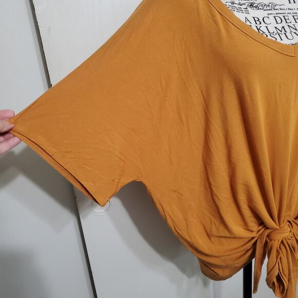 Zenana Short Sleeve Blouse Top Mustard Yellow Gold Tie Front Stretch Loose Large - Picture 7 of 10